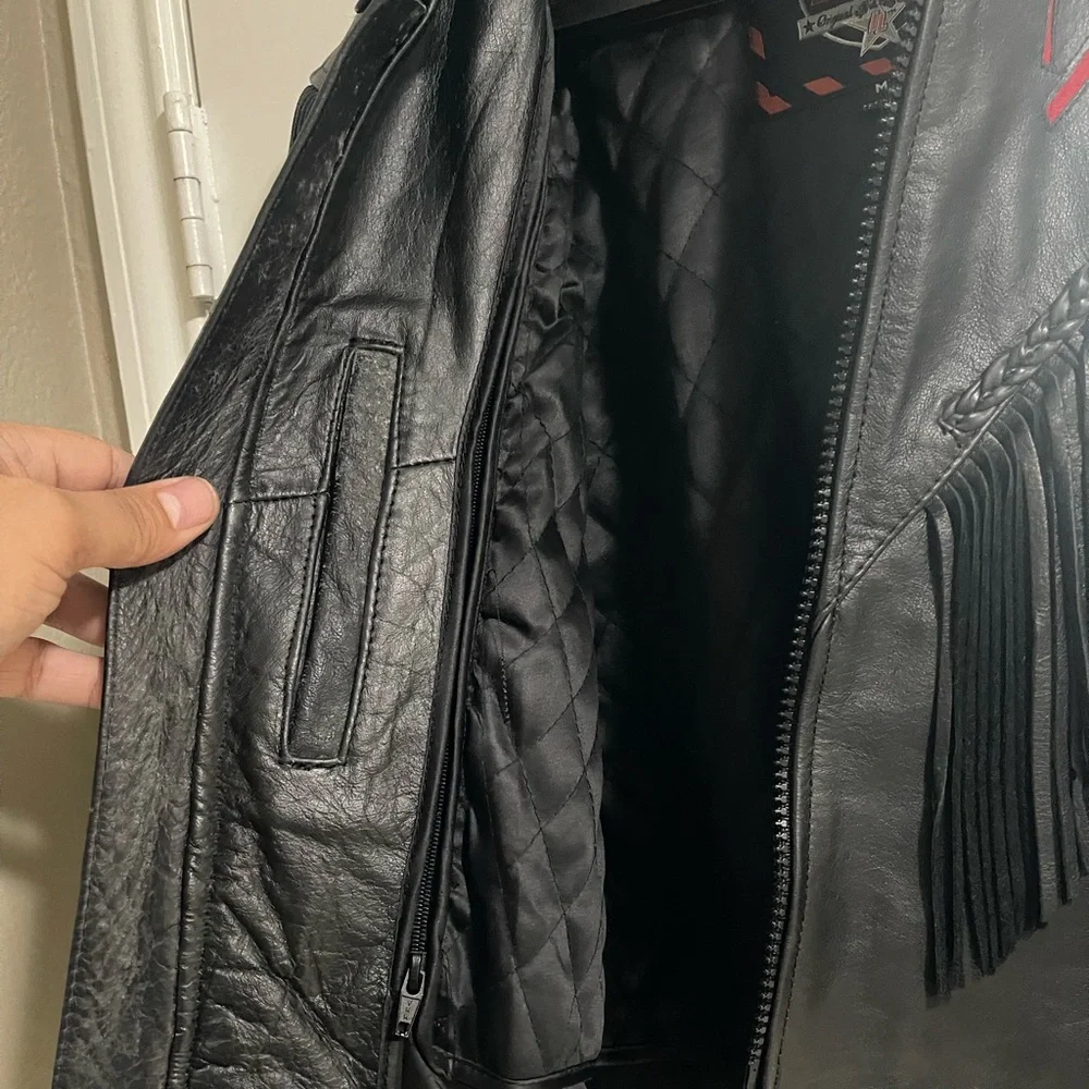 Fringed Black Leather Jacket with Red Floral Appliqué - Picture 5 of 5